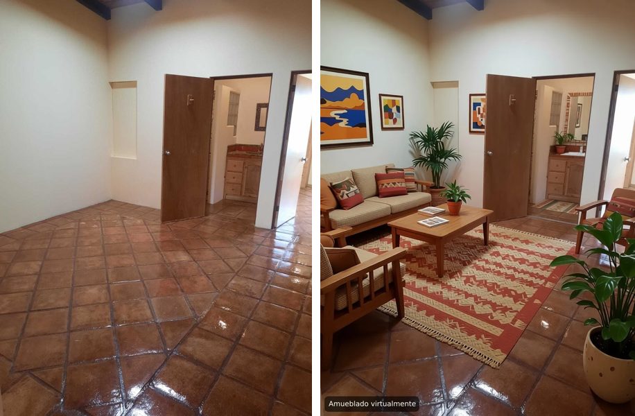 Antes y después del amueblado virtual: sala vacía con piso de barro y la misma sala amueblada con estilo mexicano contemporáneo, con la etiqueta «Amueblado virtualmente»